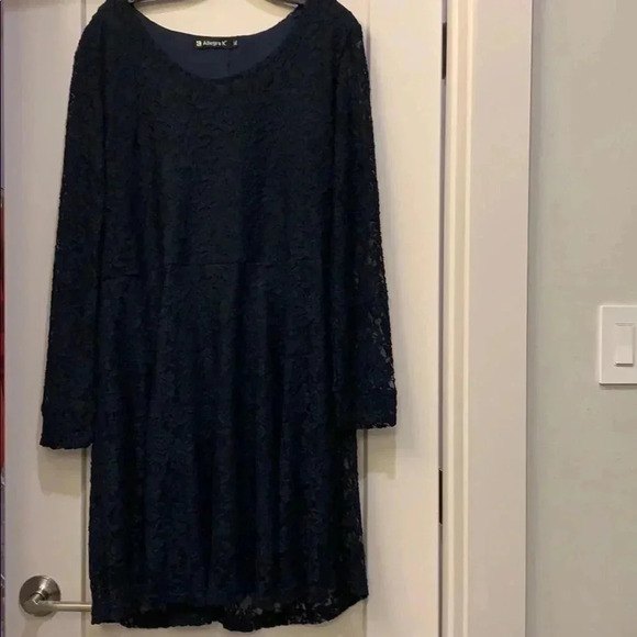Navy Scoop Neck Long Sleeves Lace Dress - Picture 3 of 5